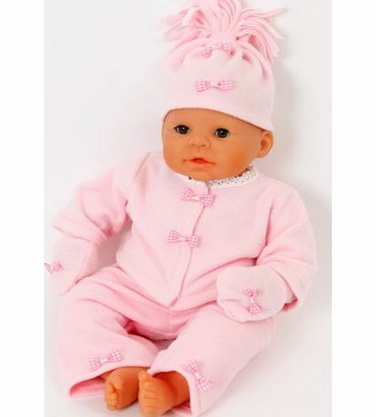 COMPLETE PINK FLEECE OUTFIT JACKET/TROUSERS/MITTENS [DOLL NOT INCLUDED] FOR 14-18 INCH [35-45 CM ] DOLLS SUCH AS 43 CM BABY BORN , TINY TEARS , COROLLE AND GOTZ DOLLS OF THIS HEIGHT.